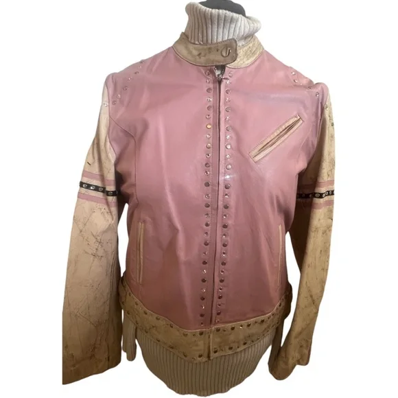 Wilsons Leather Moto Jacket Vintage Rare Biker Woman Distressed XL Pink Tattoo